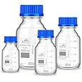 Bello Borosilicate Glass 3.3 Measuring Reagent Bottle 50ml, 100ml, 250ml & 500ml With blue Screw Cap lab, Pack of 4 for laboratory and professional use