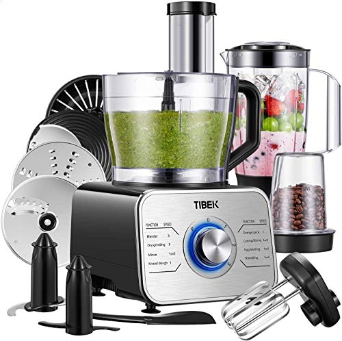 Robot Cuisine Multifonctions, TIBEK Robot de cuisine 1100W Robot Multifonction 3 Vitesses avec Impulsion, 3.5 L Bol ( Inclus: Crochet Pétrisseur, Mixeur, Presse-agrumes et Moulin à Café) Argent
