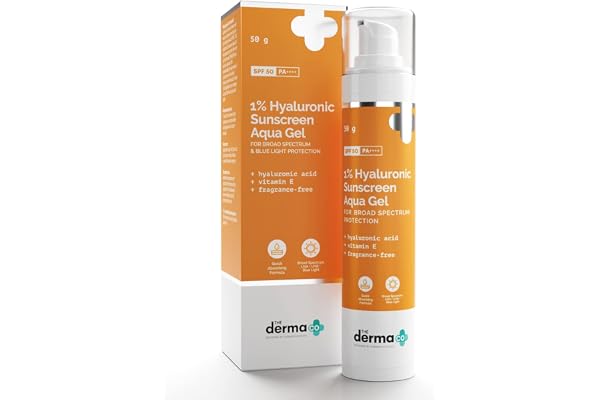 The Derma Co 1% Hyaluronic Sunscreen Aqua Gel SPF 50 PA++++ Hydrating, Lightweight & Non-Greasy No White Cast Broad Spectrum & Blue Light Protection Clinically Tested - (In-Vivo) 50 g