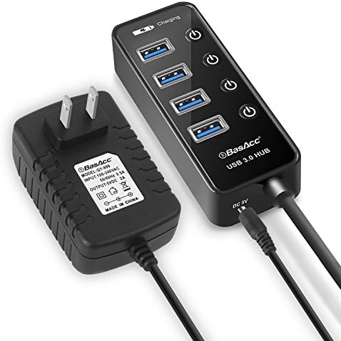 BasAcc 4 Port USB 3.0 SuperSpeed USB Hub + AC / DC Wall Power Adapter, Extra Power Supply 5V 2A Enable Faster Charging for Macbook Pro Mac/Laptop/Desktop/iPhone 7 6 6s Plus/ Samsung &amp; more
