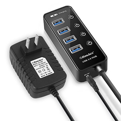 BasAcc 4 Port USB 3.0 SuperSpeed USB Hub + AC / DC Wall Power Adapter, Extra Power Supply 5V 2A Enable Faster Charging for Macbook Pro Mac/Laptop/Desktop/iPhone 7 6 6s Plus/ Samsung &amp; more