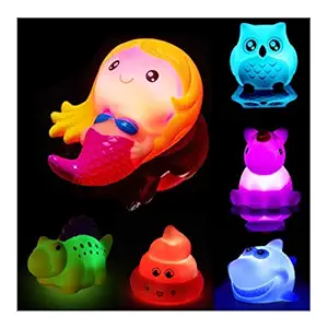 WISHKEY Plastic Set of 6 Light Up Floating Animals, Mermaid & Poop Bath Toys, Non Toxic Bathtime Buddies with Flashing Color Changing LED Lights for Kids (Pack of 6, Multicolor)
