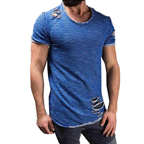 Camiseta Hombres, Manadlian Camiseta de los hombres Moda Hole Round Collar Tees Shirt Manga corta Blusa (CN:M, Azul)
