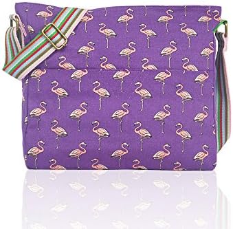 Vintage Style Canvas Print Cross Body Bag, ideal for school/college (Purple Flamingo)