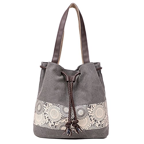 NIZIKE Bolso de la lona de las mujeres/bolsos de hombro/totalizadores retros - Patrón de flores (Gris)