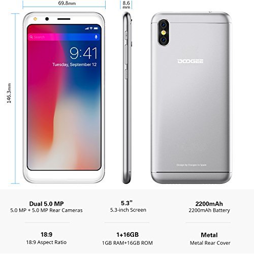 Smartphone ohne Vertrag, DOOGEE X53 3G Dual SIM Android 7.0 GÃ¼nstig Handy, 5.3 Zoll FHD MT6750T Processor Smartphones, 1GB RAM + 16GB ROM, Dual 5.0MP Rear Kamera, 2200mAh, Dual SIM (Silber)