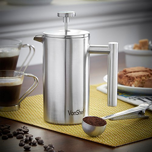 VonShef Kaffeebereiter French Presse 360 ml (3 Tasse) aus Edelstahl 2-lagig thermoisoliert inkl. Messlöffel und Beutelclip - 2