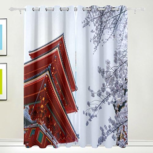 CUMIMI Kiyomizu Temple Sakura Blackout Window Curtains Grommet Top Thermal Insulated Room Darkening Drape for Bedroom Living Room 55W x 84L Inch, 2 Panels