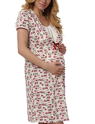 Italian Fashion Sofia Maternity/Nursing Nightdress,Size M,Ecru-Pink