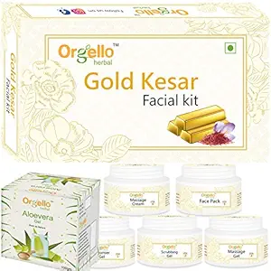Orgello Herbal Facial Kit combo with Aloe vera gel - Gold Kesar Facial Kit (5 x 50 g) + Aloe vera Gel (1 x 100 g) for women men boys girls oily normal dry skin