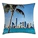 Produktbild Coastal Decor Throw Pillow Cushion Cover, Miami Downtown with Biscayne Bay Buildings and Palm Tree Panoramic, Decorative Square Accent Pillow Case,Inches, Sky Blue Aqua Green 20x20 inch