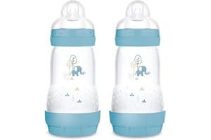MAM Easy Start Anti-Colic Babyflasche im 2er-Set (260 ml), besonders gut akzeptierte Milchflasche, Baby Trinkflasche mit Bodenventil gegen Koliken & Sauger Größe 1, 0+ Monate, Elefant