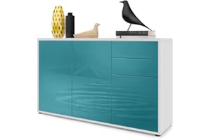‎VLADON Vladon Sideboard Ben V3, Kommode mit 3 Türen und 2 Schubladen, Weiß matt/Petrol Hochglanz (117 x 74 x 36 cm)