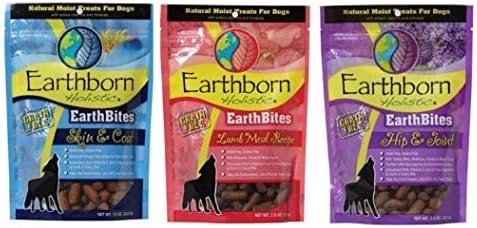 Earthborn Holistic EarthBites Grain-Free Gluten-Free Natural Moist Dog Treats 3 Flavor Variety Bundle: (1) EarthBites Lamb Meal Recipe Treats, (1) EarthBites Hip & Joint Treats, and (1) EarthBites Skin & Coat Treats, 7.5 Oz. Ea. (3 Bags Total)