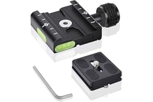 UTEBIT Plaque d'attache Rapide Universal, 50mm Plateau Rapide QR Plate en Alliage d'Aluminium Niveau à Bulle Intégré avec 1/4 et 3/8 Vis Compatible pour Arca-Swiss QR Trépied Monopode Rotule Caméra