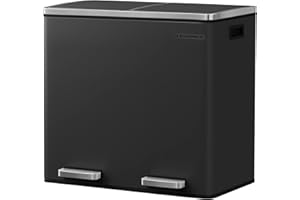 SONGMICS Mülleimer, Abfalleimer, Mülltrennsystem mit 2 Fächern, Treteimer für die Küche, x 24 L, Softclose, Inneneimer aus Kunststoff, Fußpedalen und Handgriffen, schwarz LTB48BK, 58.5 32 54.5 cm