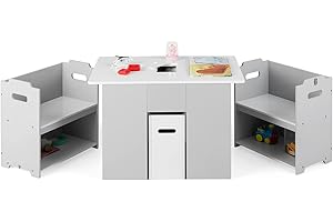 ‎DREAMADE DREAMADE Kindertisch mit 2 Stühlen, 4-in-1 Kindertisch mit Stauraum, Kinder Tisch Stuhl Set, 3 TLG. Kindersitzgruppe aus Holz für Kinder ab 3 Jahren, Grau + Weiß