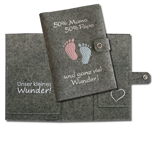 Mutterpasshülle Deluxe „50% Mama 50% Papa ...und ganz viel Wunder“ mit extra Fächern und Verschluss aus 100% Wollfilz - Das Original - in deutscher Handarbeit gefertigt -