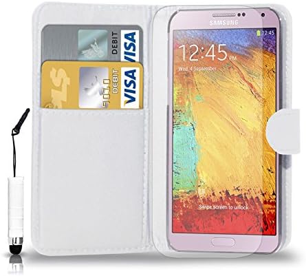 Samsung Galaxy Note 3 Leather Wallet Flip Case Cover Pouch &amp; Mini Touch Stylus Pen + Free Screen Guard &amp; Cleaning Cloth  - WHITE