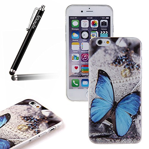 iPhone 6S Case,iPhone 6 Case,Ukayfe iPhone 6/6S 4.7 inch Ultral Thin Blue Soft TPU Gel Case Cover,Fashion Butterfly Flower Pattern Silicone Gel Rubber Skin Protective Cover for Apple iPhone 6 (2014) / iPhone 6S (2015) Case 4.7 Inch with 1x Stylus - Blue Butterfly