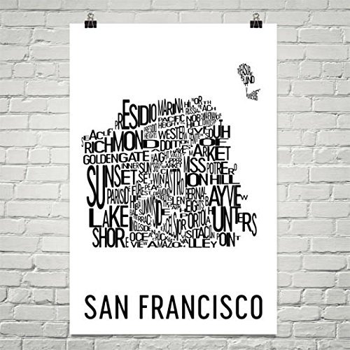 Modern Map Art San Francisco Typography Neighborhood Map Art City Print, San Francisco Wall Art, San Francisco Art Poster, Gift Black Poster 12"X18" Black With White