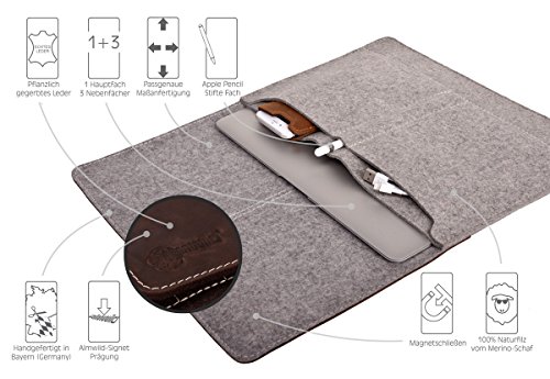 ALMWILD Apple Macbook Pro 13 Hülle, Tasche (Touch Bar, Touch ID), Macbook 12 (Mod.2017). Aus echtem Rinds- Leder und 100% Woll- Filz. Case in Alpstein- Grau mit magnetischer Umschlagklappe aus Echt- Leder in Braun. In Bayern handgefertigt - 3