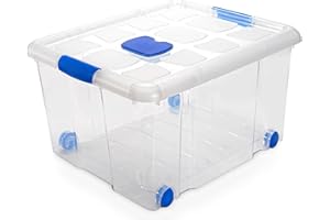 DECODEKO Caja de Almacenamiento con Ruedas, Plástico, Tapa con Cierre de Presión, Organizador Multiuso (Nº5-57L-Transparente)