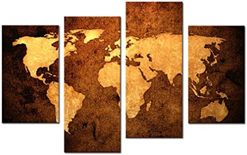 Amosi Art - Canvas Wall Art Yellow Map Painting World Map Brown Background Picture Print on Canvas Giclee Artwork Wall Art for Home Decor Ready to Hang (Yellow Map)