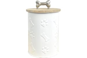 Alfie Francis 1.2 Litre White Metal Paw & Bone Dog Treat Storage Tin with Airtight Mango Wood Lid Biscuit Jar Dry Pet Food Container Holder Puppy
