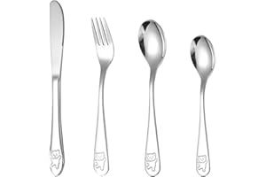 QZKJQDD Sztućce dziecięce, 4-częściowy zestaw sztućców dla dzieci, nóż dla dzieci od 2 lat, sztućce dla dzieci z grawerunkiem, zestaw sztućców, nadaje się do mycia w zmywarce (1 x widelec, 1 x nóż