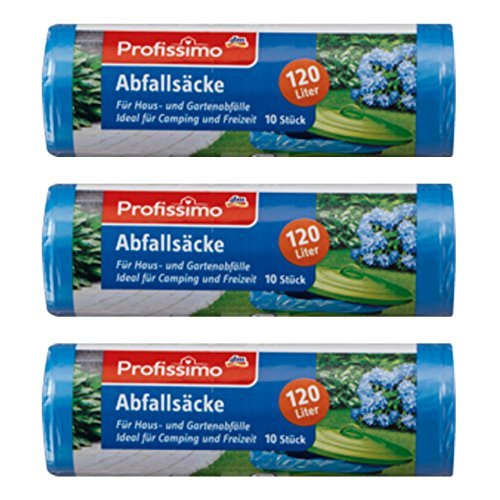 Profissimo Haushalts und Büro Müllsäcke - Reißfest und Flüssigkeitsdicht - Für Haus- und Büroabfälle - 120 Liter - 3er Pack (3 x 10 Stück) - Recyclebar - Besonders klein verpackt