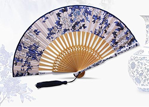 Folding Fan Blue And White Porcelain Fan Fan Silk Fan Fan "Chinese Style" Retro "Silk" As A Good Gift