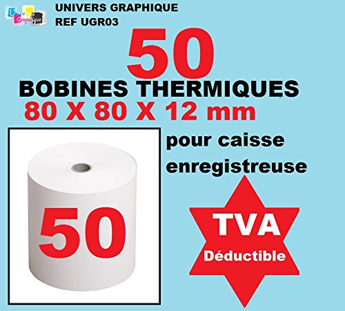 spécifications Bobine Papier Thermique, 80 x 80 x 12 mm, Lot de 50 rouleaux thermique 80x80x12 pour ticket de caisse - bobines de papier thermiques pour imprimante de tickets de caisse ou caisse enregistreuse - papier blanc haute qualité - marque univers graphique réf UGR03 TVA déductible à la différence de nombreux vendeurs