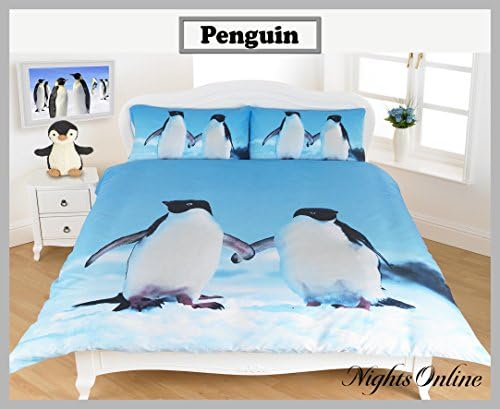 Nights Online 3D Animal Printed Duvet Cover & Pillow Case Sets, Quality Bedding (Double, Penguin)