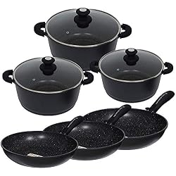 Les Grands Chefs Professionnel - Batterie de Cuisine Pierre 18 pcs revêtement antiadhésif renforcé 3 Couches GREBLON C3+ Technologie Allemande sans PFOA