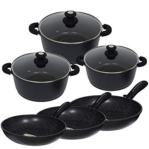 Les Grands Chefs Professionnel - Batterie de Cuisine Pierre 18 pcs revêtement antiadhésif renforcé 3 Couches GREBLON C3+ Technologie Allemande sans PFOA