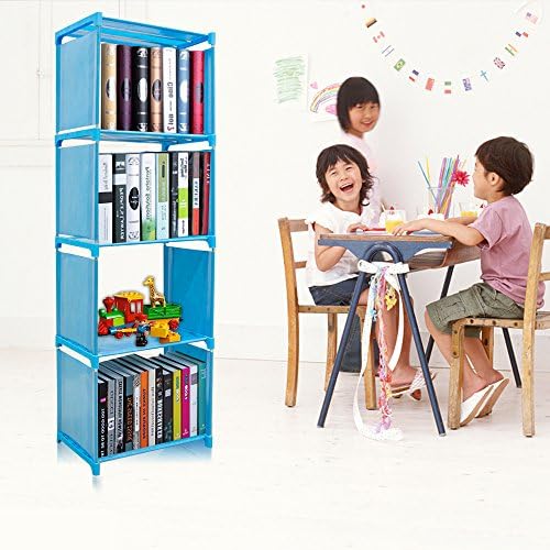 Kids Bookcase Blue 4 Tier, Ticoze DIY Bookshelf Garment Shoe Storage Display Shelf for Children's Bedroom Kitchen and Living Room