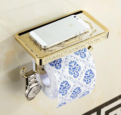 Preisvergleich Produktbild LiebHome Zink-Legierung Luxus Antik Stil Toilettenpapierhalter Gold poliert Klopapierhalter / multifunktional papierhalter mit Smartphone Ablage und 1 Set - Handtuch Haken für Badzimmer schöne Design