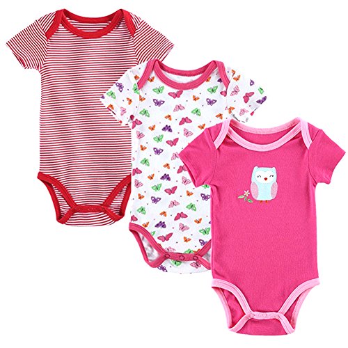 CHIC-CHIC 3PC Baby Bodysuit / Babygrow / Vest Short Sleeve Summer Cute Floral Print Toddler Boys Girls (0-3, Sutterfly Stripe Owl)