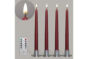 NONNO&ZGF LED Neue Flimmer Flammen-Technologie Stabkerzen mit Fernbedienung und Timer-Funktion, 4 Rotwein Kegelkerzen mit 4 silbernen Kerzenhaltern