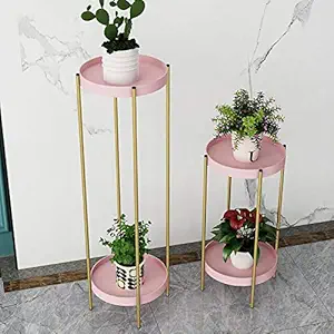 Weston Crafts 2 Tier Decorative Metal Tall Plant Stand with Two Removable Trays, Fold able Plant Holder for Living Room, Gold Stand,Pink Trays