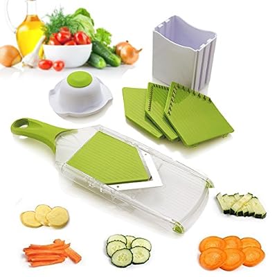 Twinzee Mandoline Professionnelle 4 en 1 avec lames en V - Découpe les fruits et les légumes rapidement et uniformément - Livré avec 4 lames différentes en inox haute qualité et un poussoir de sécurité