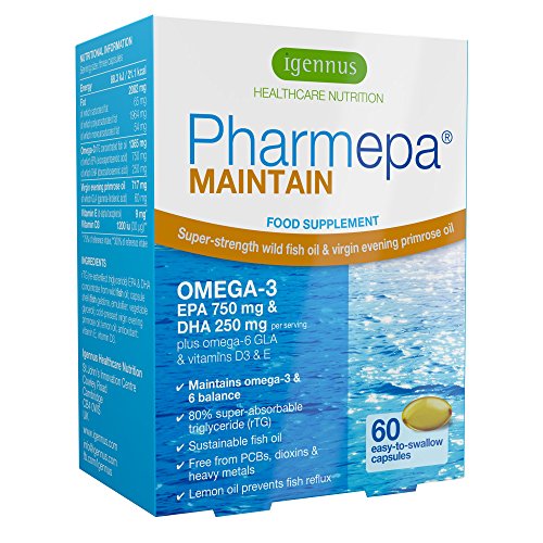 Pharmepa MAINTAIN, forte dose d'oméga-3 EPA & DHA par prise, huile de poisson de qualité pharmaceutique & huile d'onagre avec de la vitamine D3, 60 capsules