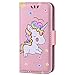 Produktbild iPhone 5 5S SE Hülle, Chreey (Unicorn) Niedlich [Regenbogen Einhorn] Glitzer Handyhülle Premium PU Leder Tasche Flip Wallet Cover mit Standfunktion Kartenfach Schutzhülle [Rosa]