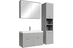 ‎BADPLAATS B.V. Badplaats Badmöbel Komplettset Paso LED 80 x 40 cm Grau Matt - Badezimmermöbel mit Waschbecken, Spiegelschrank und Badezimmerschrank