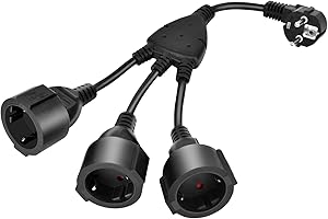 NUZEKY Cavo di prolunga con 3 prese - da 1 a 3 prese con contatto di protezione, cavo in plastica, cavo corto, 1,5 mm², fino a 250 V/16 A, spina tripla per viaggi European Standard One Point Three