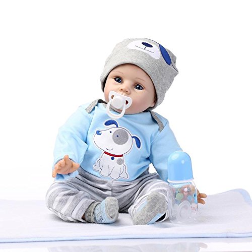 Nicery Reborn Baby Doll Soft Simulation Silicone Vinyl 22inch 55cm Magnetic Mouth Lifelike Boy Girl Toy Blue Dog