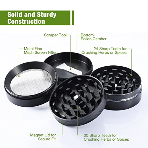 iKich Premium Pollen Grinder Crusher für Tabak,Spice,Kräuter,Gewürze, 2.0 Inches, 4-teiliges Set, Schwarz - 2