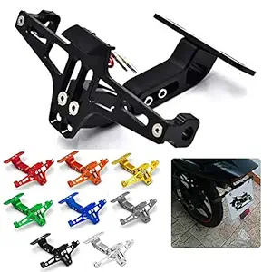 R D Motorcycle Bike CNC Adjustable Angle License Number Plate Frame Holder Tail Tidy (Black with Light)