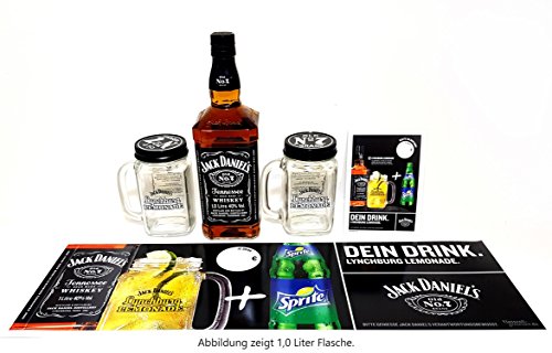 Preisvergleich Produktbild Jack Daniels Whiskey 1l (40% Vol) + 2x Lynchburg Marmeladen Gläser + Aufsteller + Barmatte / Kunststoff Unterlage -[Enthält Sulfite]